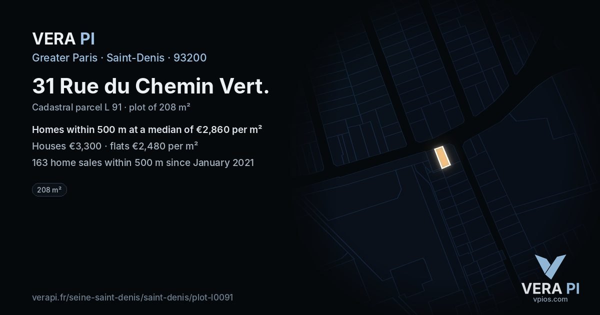 31 Rue du Chemin Vert, Saint-Denis at night – the plot lit, the parcels around coloured by the prices near them