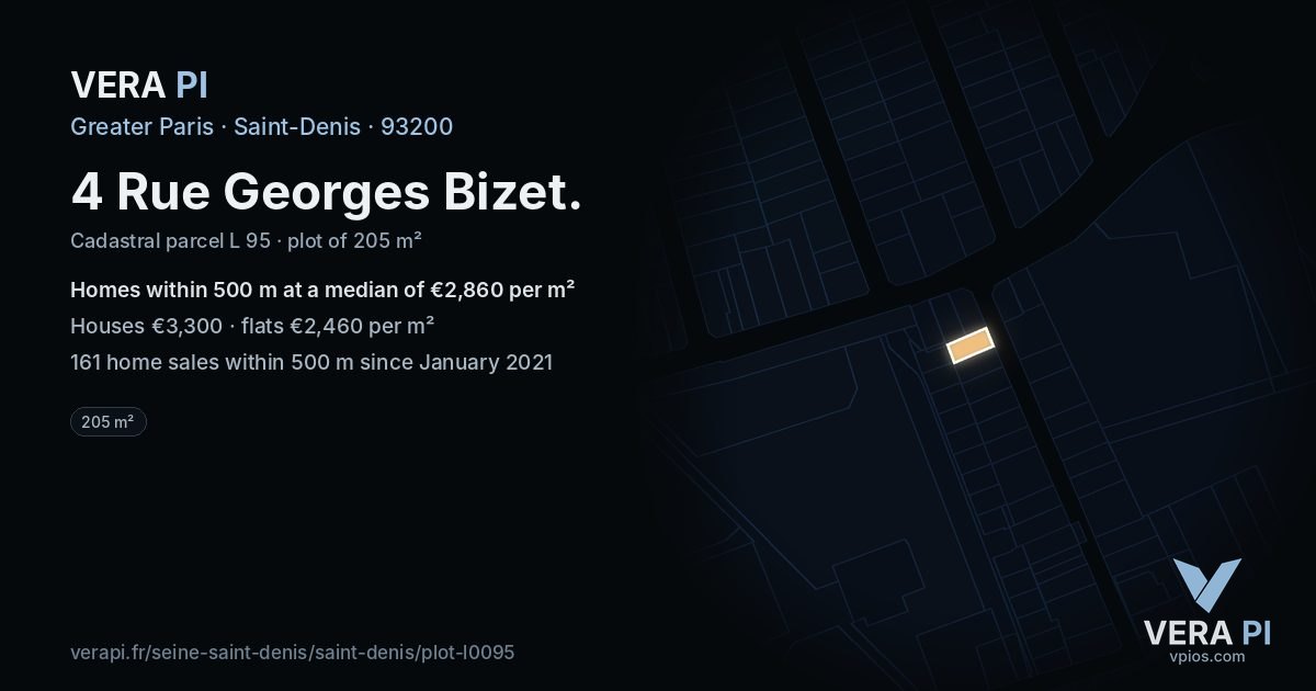 4 Rue Georges Bizet, Saint-Denis at night – the plot lit, the parcels around coloured by the prices near them