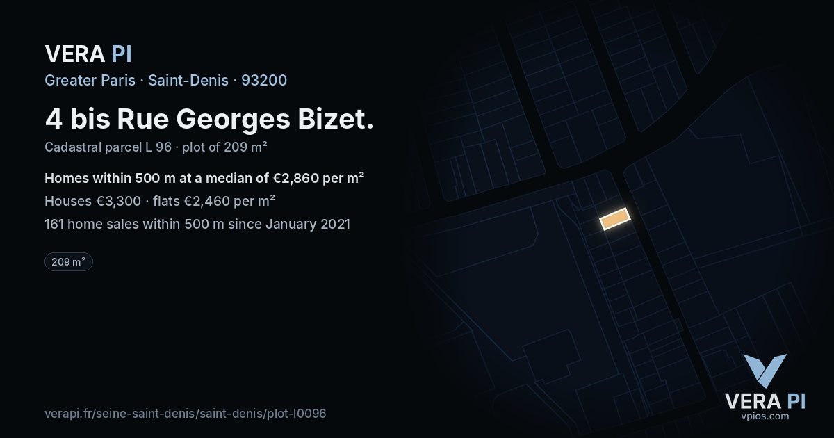 4 bis Rue Georges Bizet, Saint-Denis at night – the plot lit, the parcels around coloured by the prices near them