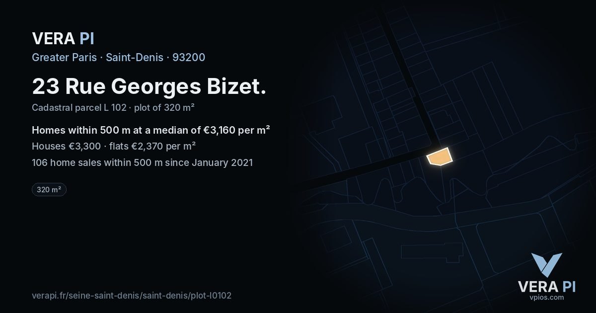 23 Rue Georges Bizet, Saint-Denis at night – the plot lit, the parcels around coloured by the prices near them