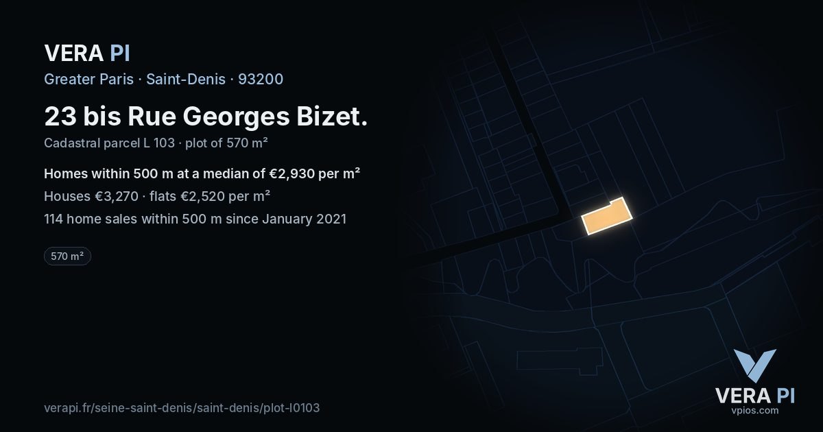 23 bis Rue Georges Bizet, Saint-Denis at night – the plot lit, the parcels around coloured by the prices near them