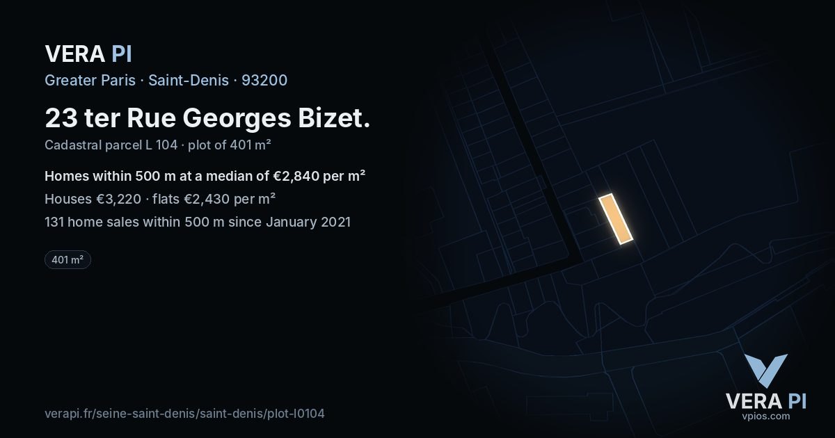 23 ter Rue Georges Bizet, Saint-Denis at night – the plot lit, the parcels around coloured by the prices near them
