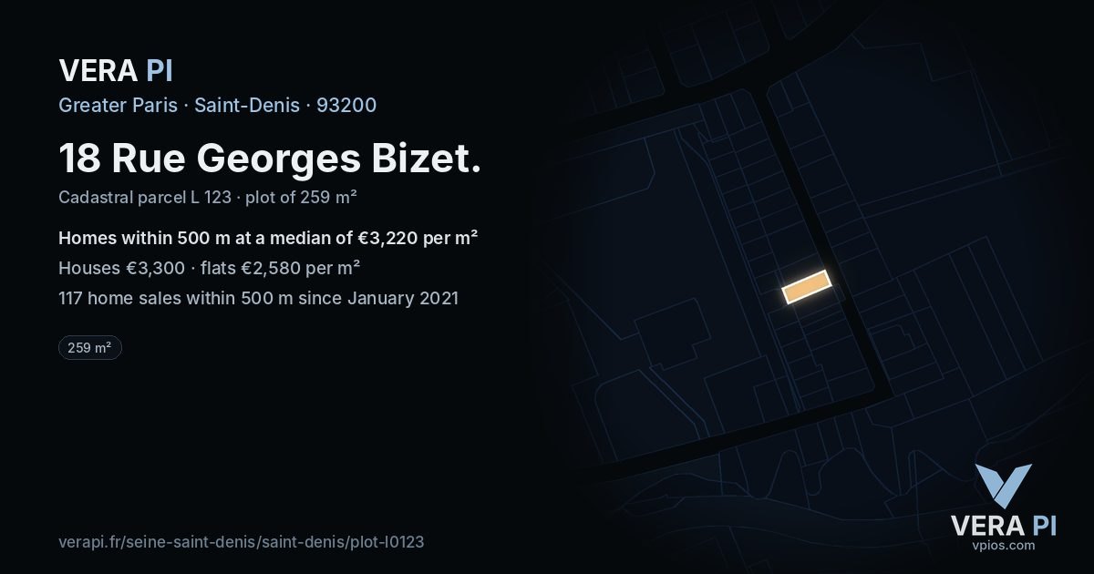 18 Rue Georges Bizet, Saint-Denis at night – the plot lit, the parcels around coloured by the prices near them