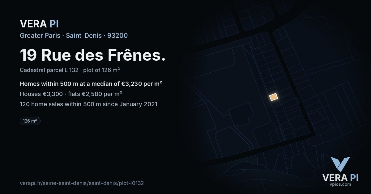 19 Rue des Frênes, Saint-Denis at night – the plot lit, the parcels around coloured by the prices near them