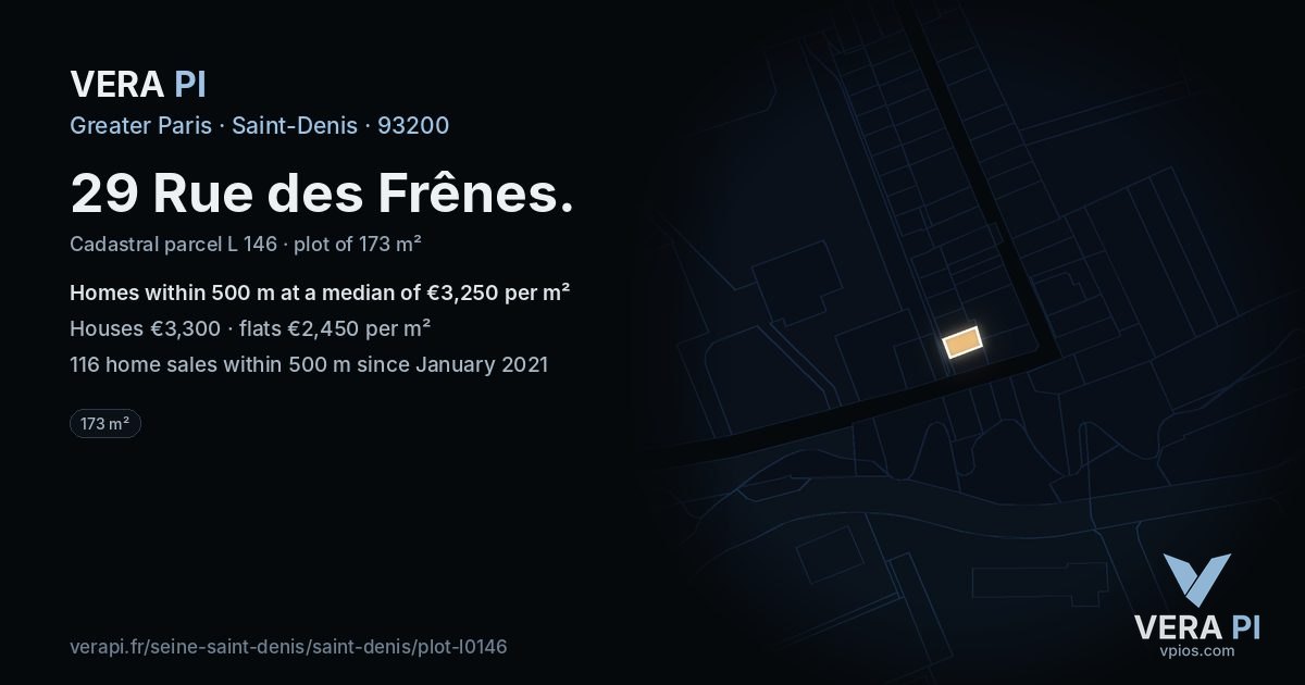 29 Rue des Frênes, Saint-Denis at night – the plot lit, the parcels around coloured by the prices near them