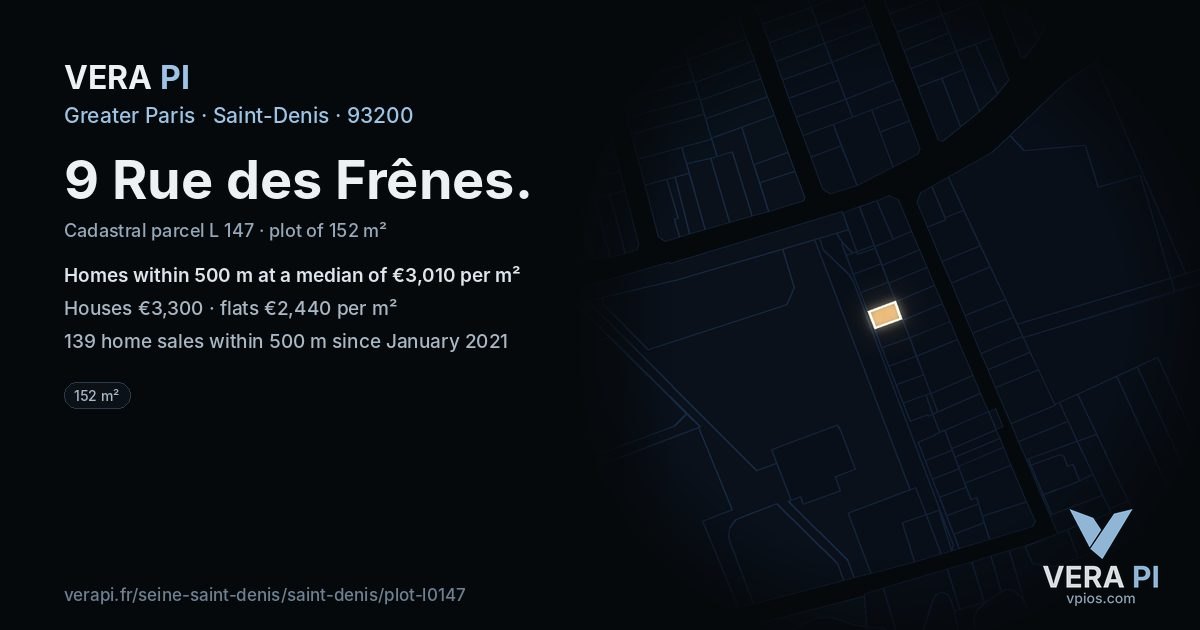 9 Rue des Frênes, Saint-Denis at night – the plot lit, the parcels around coloured by the prices near them