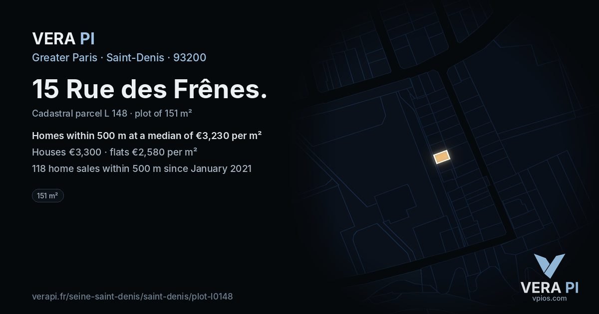 15 Rue des Frênes, Saint-Denis at night – the plot lit, the parcels around coloured by the prices near them