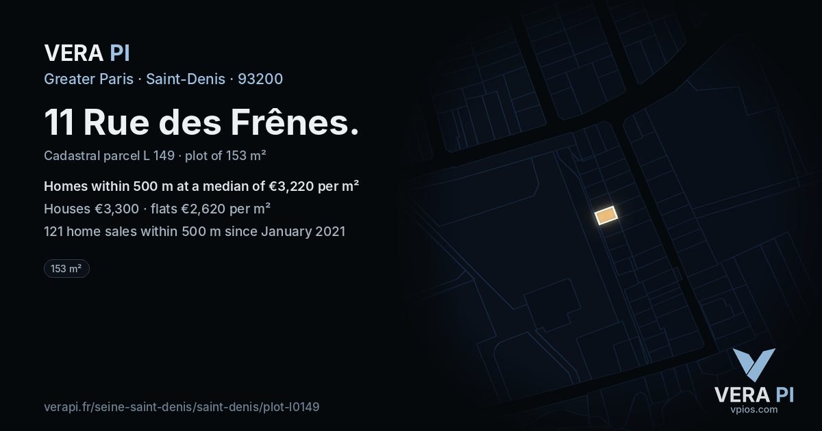 11 Rue des Frênes, Saint-Denis at night – the plot lit, the parcels around coloured by the prices near them