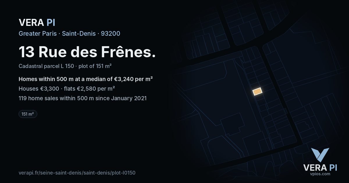 13 Rue des Frênes, Saint-Denis at night – the plot lit, the parcels around coloured by the prices near them
