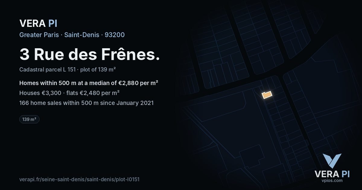 3 Rue des Frênes, Saint-Denis at night – the plot lit, the parcels around coloured by the prices near them