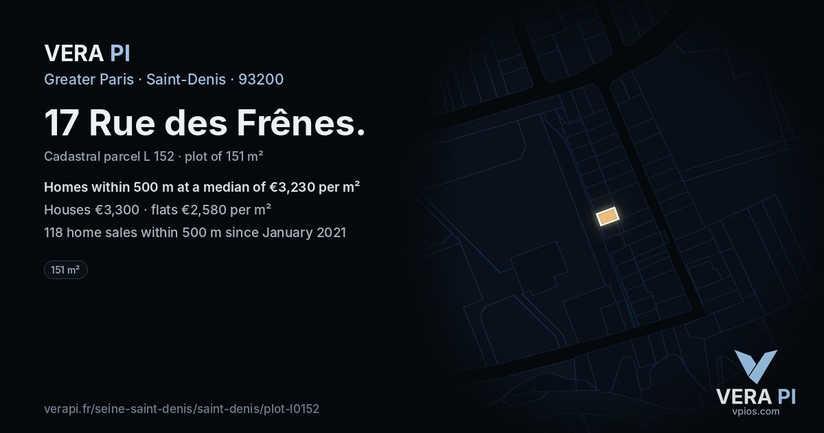 17 Rue des Frênes, Saint-Denis at night – the plot lit, the parcels around coloured by the prices near them