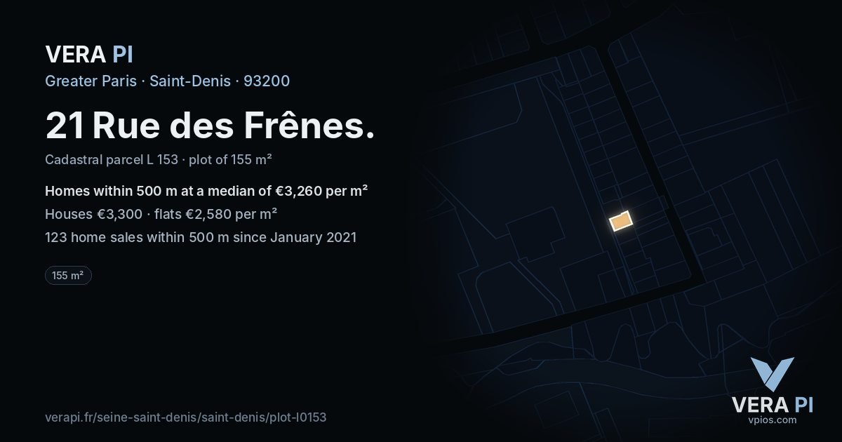 21 Rue des Frênes, Saint-Denis at night – the plot lit, the parcels around coloured by the prices near them