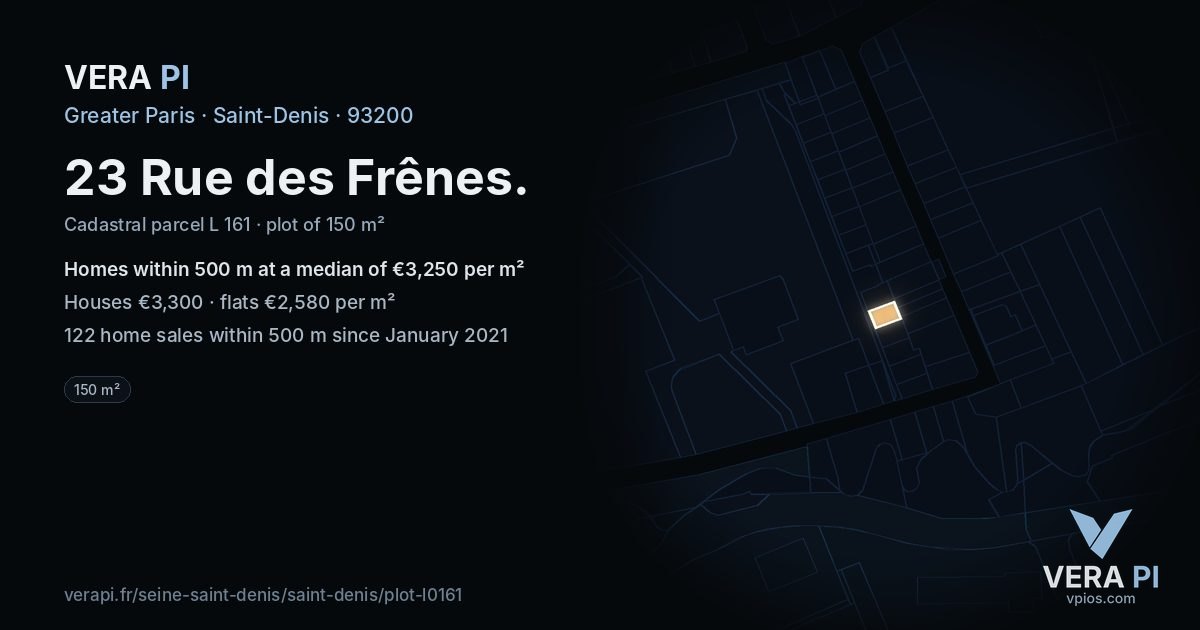 23 Rue des Frênes, Saint-Denis at night – the plot lit, the parcels around coloured by the prices near them