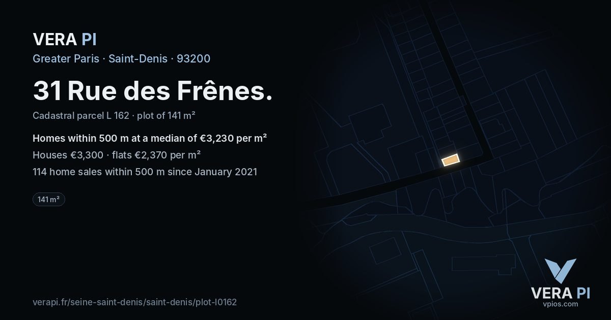 31 Rue des Frênes, Saint-Denis at night – the plot lit, the parcels around coloured by the prices near them