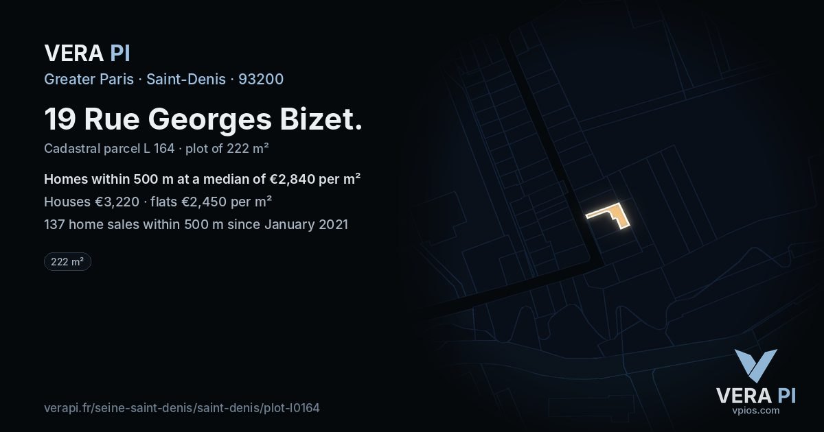 19 Rue Georges Bizet, Saint-Denis at night – the plot lit, the parcels around coloured by the prices near them