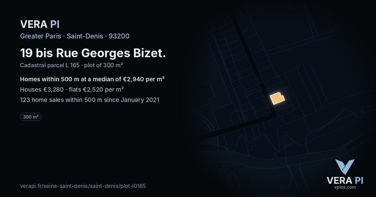 19 bis Rue Georges Bizet, Saint-Denis at night – the plot lit, the parcels around coloured by the prices near them