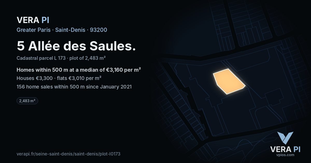5 Allée des Saules, Saint-Denis at night – the plot lit, the parcels around coloured by the prices near them