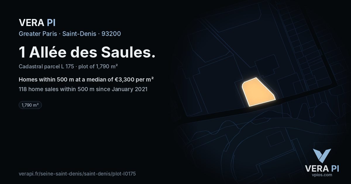 1 Allée des Saules, Saint-Denis at night – the plot lit, the parcels around coloured by the prices near them