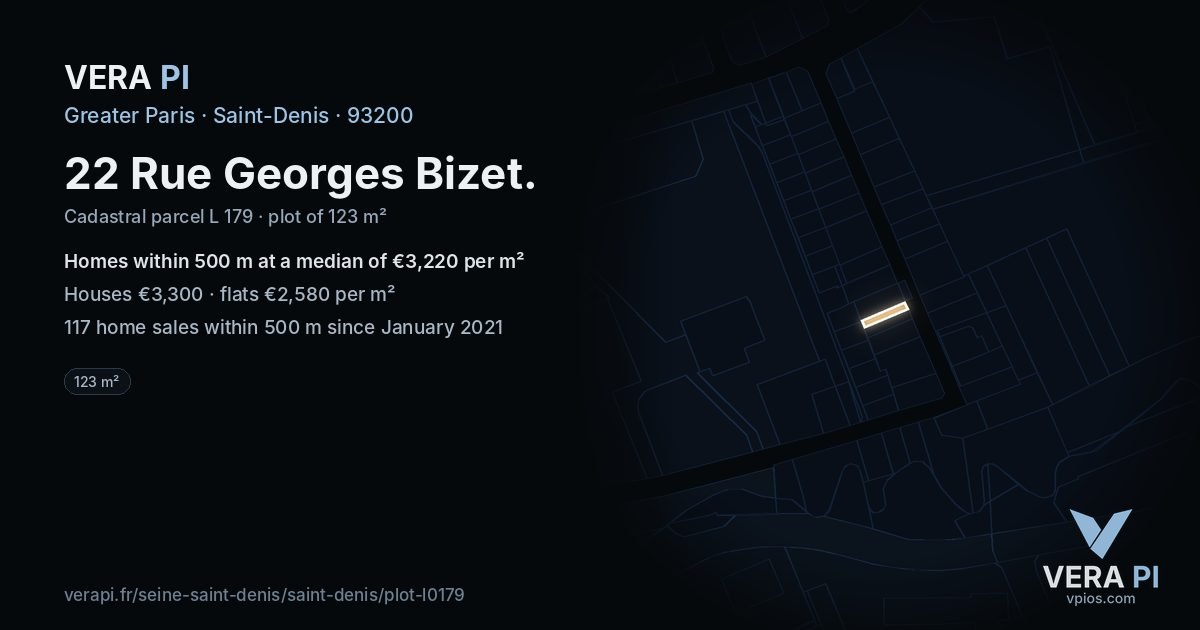 22 Rue Georges Bizet, Saint-Denis at night – the plot lit, the parcels around coloured by the prices near them