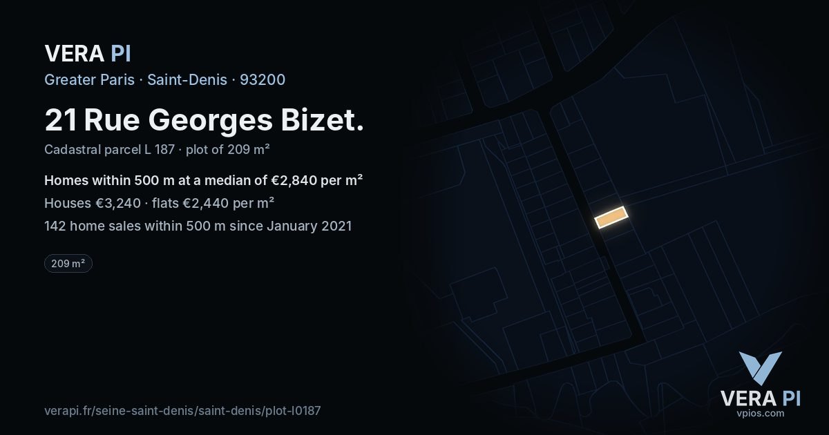 21 Rue Georges Bizet, Saint-Denis at night – the plot lit, the parcels around coloured by the prices near them