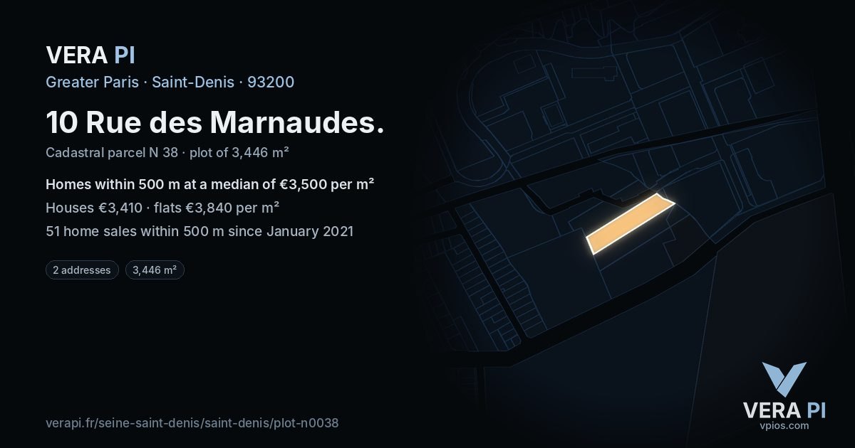 10 Rue des Marnaudes, Saint-Denis at night – the plot lit, the parcels around coloured by the prices near them