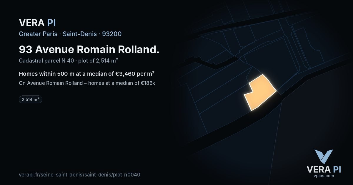 93 Avenue Romain Rolland, Saint-Denis at night – the plot lit, the parcels around coloured by the prices near them