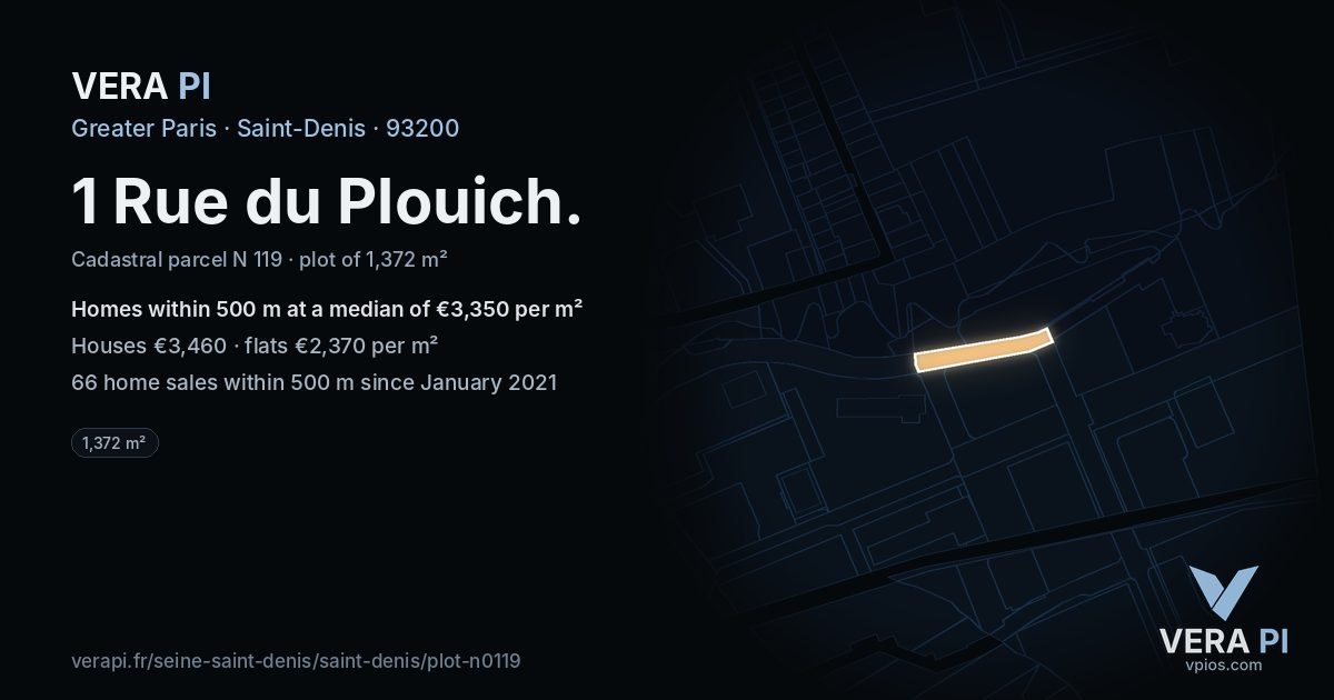 1 Rue du Plouich, Saint-Denis at night – the plot lit, the parcels around coloured by the prices near them