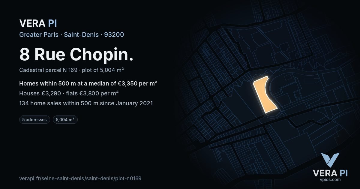 8 Rue Chopin, Saint-Denis at night – the plot lit, the parcels around coloured by the prices near them