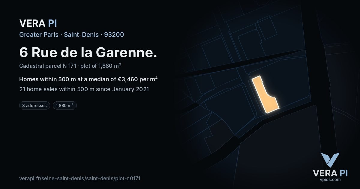 6 Rue de la Garenne, Saint-Denis at night – the plot lit, the parcels around coloured by the prices near them