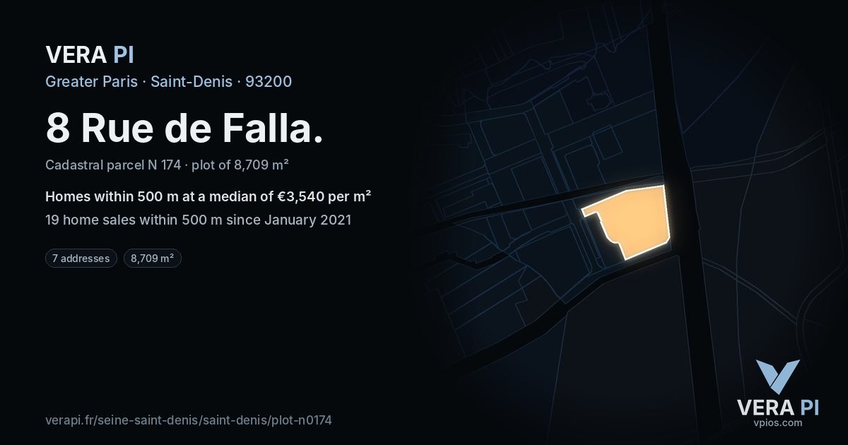 8 Rue de Falla, Saint-Denis at night – the plot lit, the parcels around coloured by the prices near them