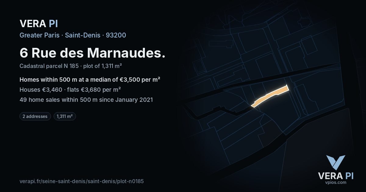 6 Rue des Marnaudes, Saint-Denis at night – the plot lit, the parcels around coloured by the prices near them
