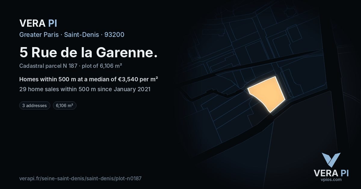5 Rue de la Garenne, Saint-Denis at night – the plot lit, the parcels around coloured by the prices near them