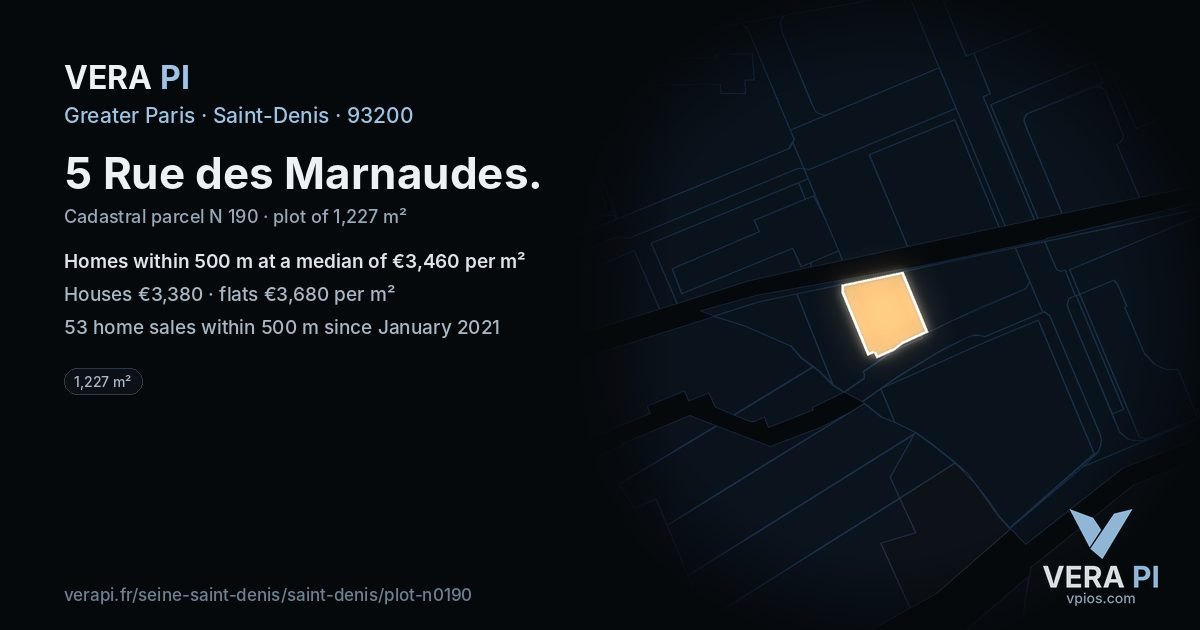5 Rue des Marnaudes, Saint-Denis at night – the plot lit, the parcels around coloured by the prices near them