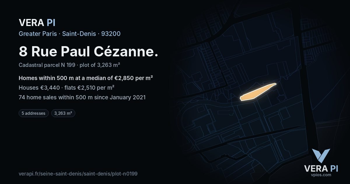 8 Rue Paul Cézanne, Saint-Denis at night – the plot lit, the parcels around coloured by the prices near them