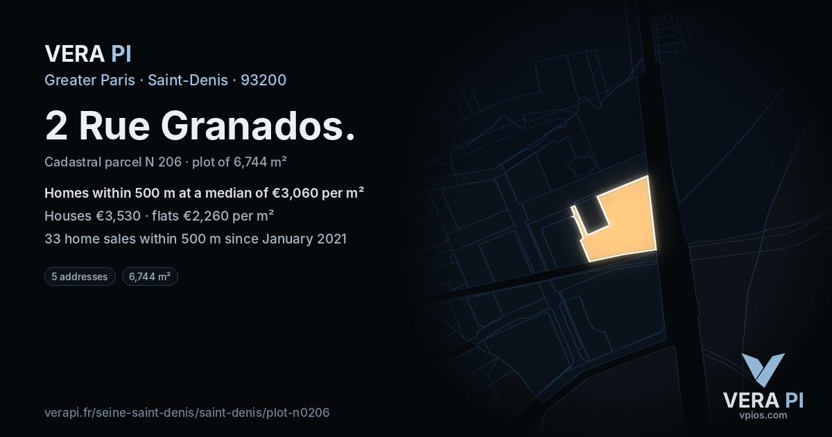 2 Rue Granados, Saint-Denis at night – the plot lit, the parcels around coloured by the prices near them