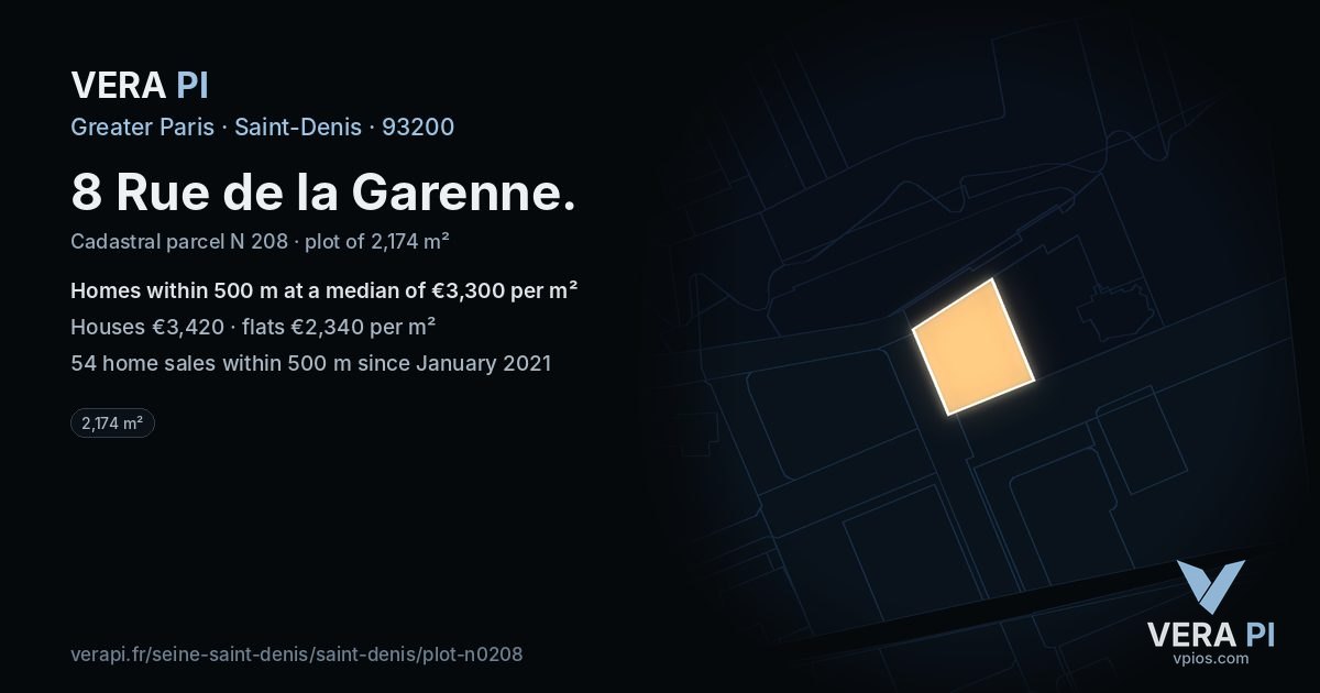 8 Rue de la Garenne, Saint-Denis at night – the plot lit, the parcels around coloured by the prices near them