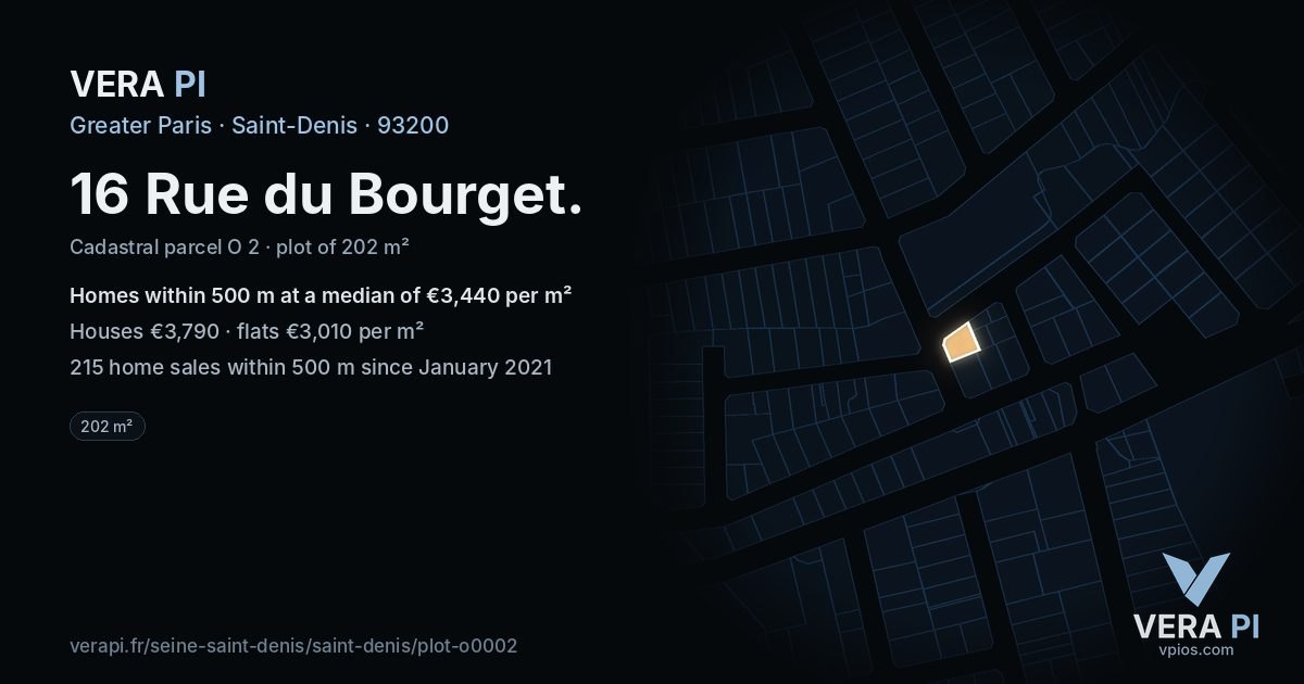16 Rue du Bourget, Saint-Denis at night – the plot lit, the parcels around coloured by the prices near them