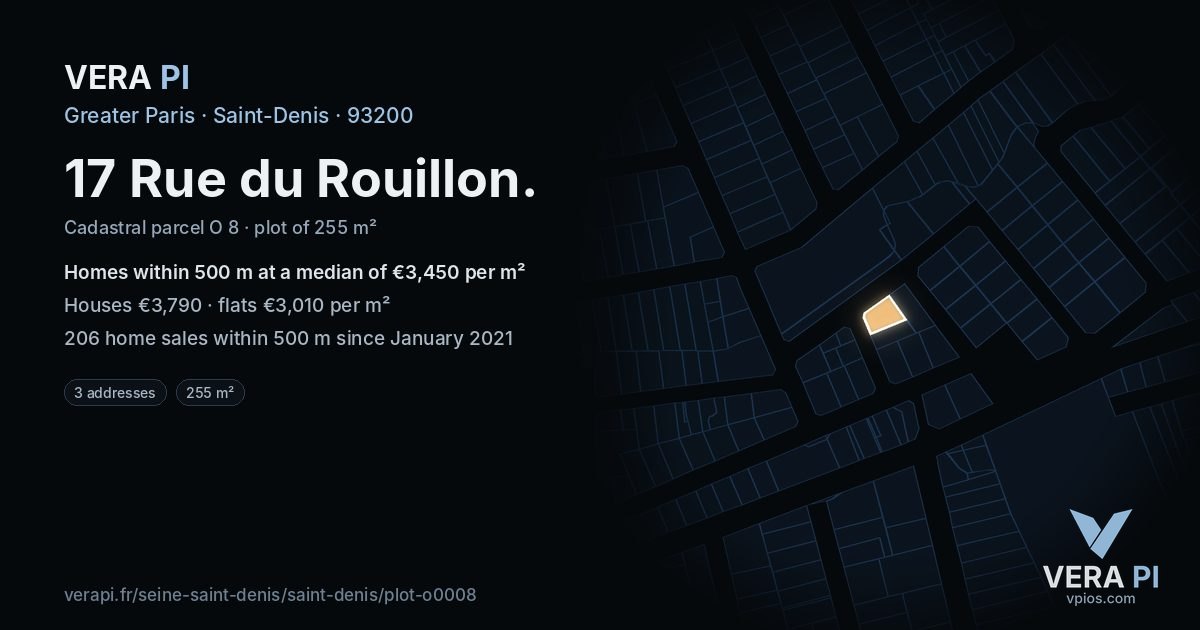 17 Rue du Rouillon, Saint-Denis at night – the plot lit, the parcels around coloured by the prices near them