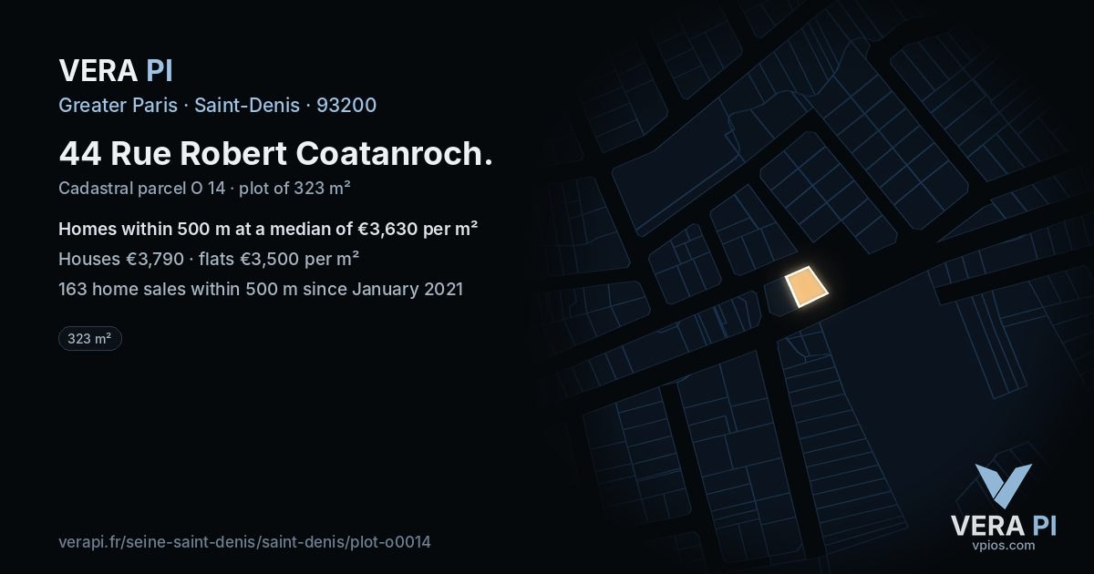 44 Rue Robert Coatanroch, Saint-Denis at night – the plot lit, the parcels around coloured by the prices near them