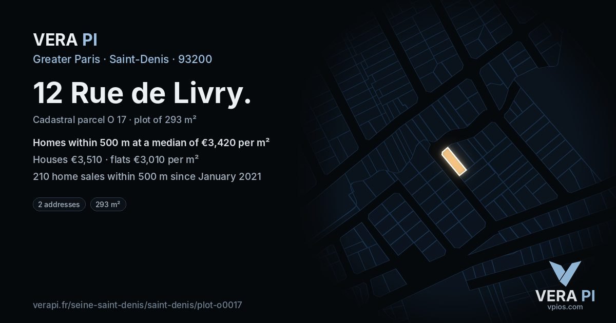 12 Rue de Livry, Saint-Denis at night – the plot lit, the parcels around coloured by the prices near them