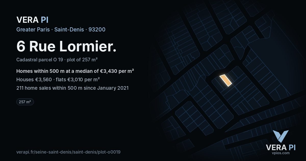 6 Rue Lormier, Saint-Denis at night – the plot lit, the parcels around coloured by the prices near them
