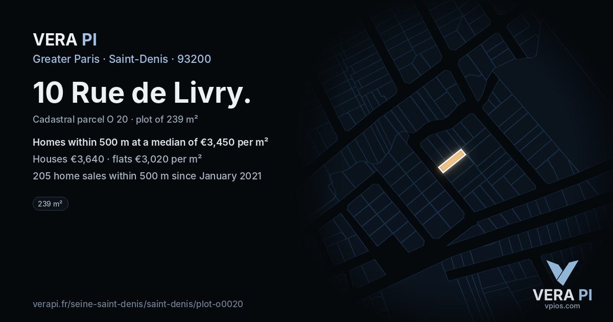 10 Rue de Livry, Saint-Denis at night – the plot lit, the parcels around coloured by the prices near them