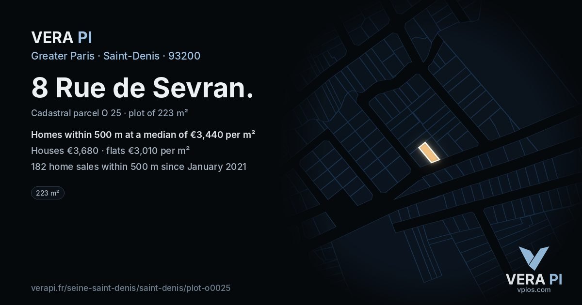 8 Rue de Sevran, Saint-Denis at night – the plot lit, the parcels around coloured by the prices near them