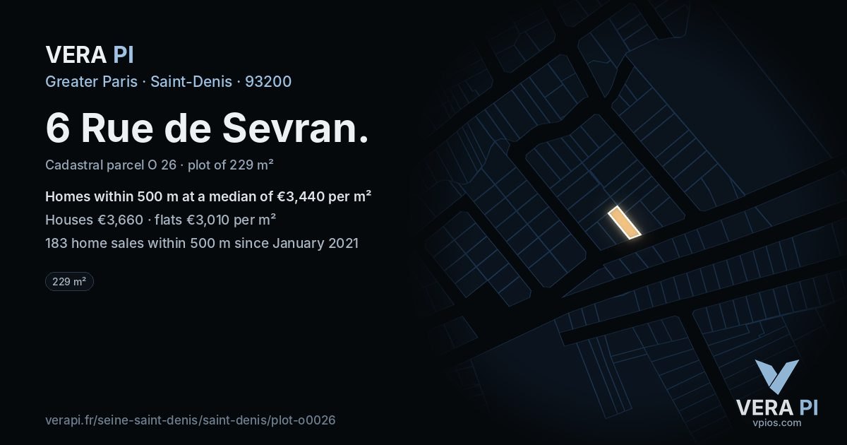 6 Rue de Sevran, Saint-Denis at night – the plot lit, the parcels around coloured by the prices near them