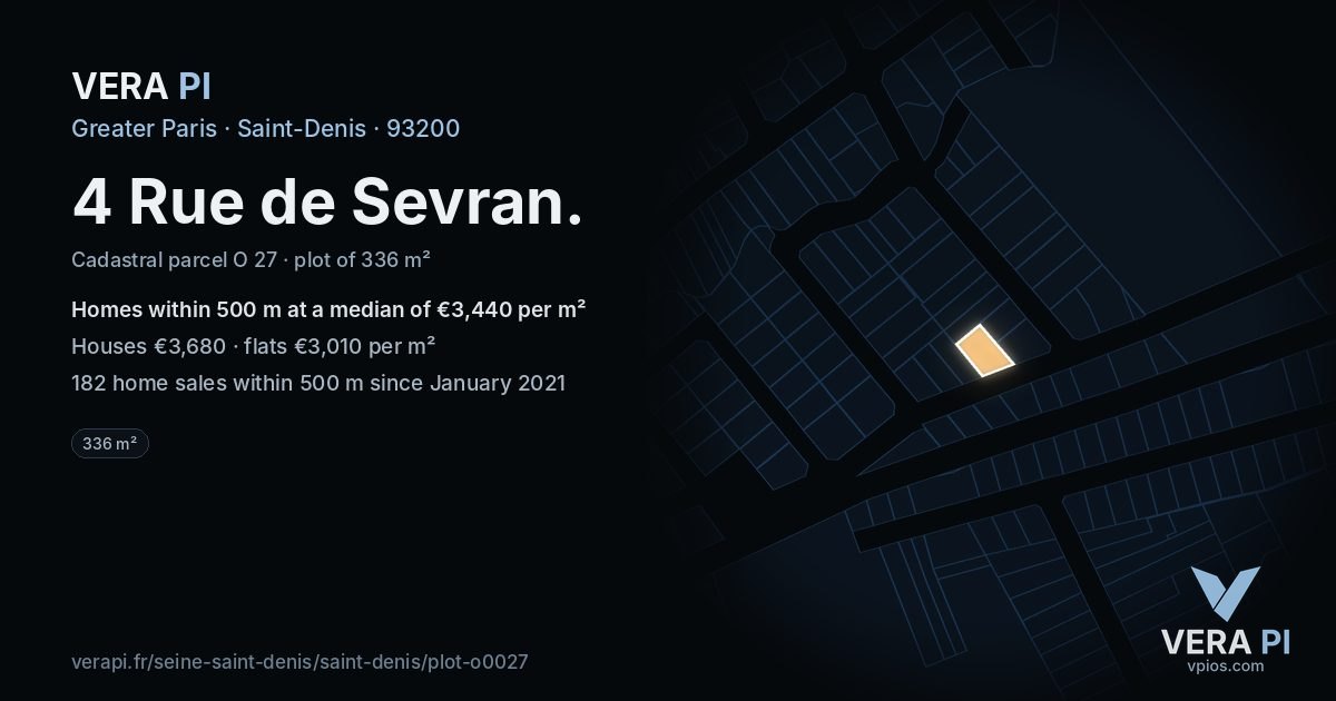 4 Rue de Sevran, Saint-Denis at night – the plot lit, the parcels around coloured by the prices near them