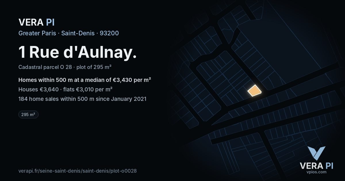 1 Rue d'Aulnay, Saint-Denis at night – the plot lit, the parcels around coloured by the prices near them