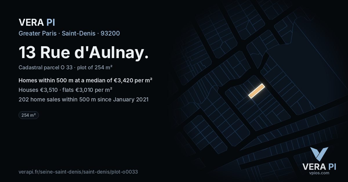 13 Rue d'Aulnay, Saint-Denis at night – the plot lit, the parcels around coloured by the prices near them
