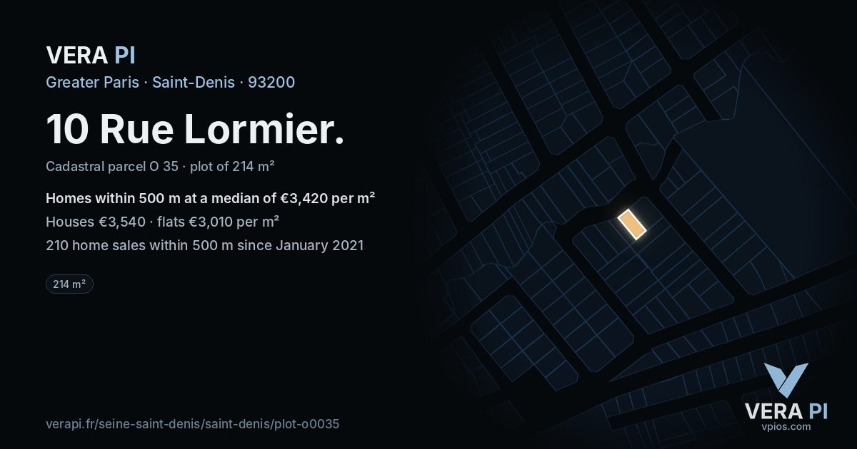 10 Rue Lormier, Saint-Denis at night – the plot lit, the parcels around coloured by the prices near them