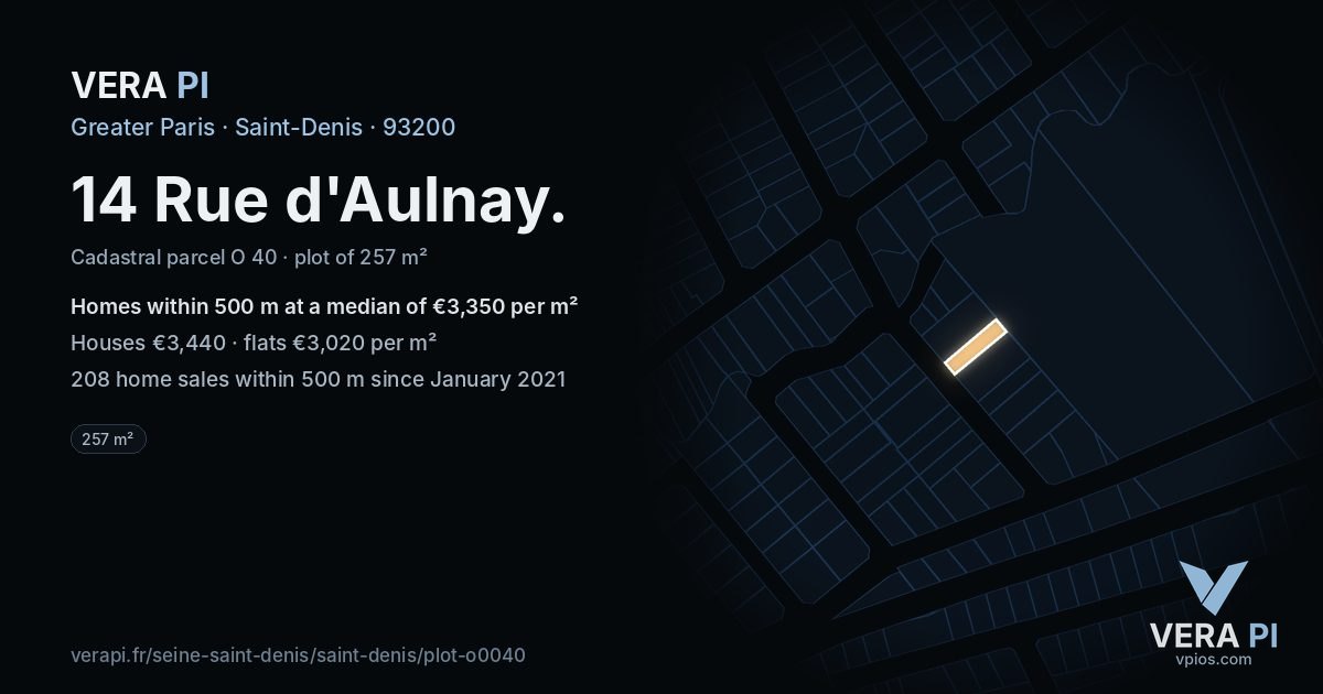 14 Rue d'Aulnay, Saint-Denis at night – the plot lit, the parcels around coloured by the prices near them