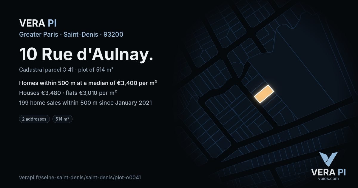10 Rue d'Aulnay, Saint-Denis at night – the plot lit, the parcels around coloured by the prices near them